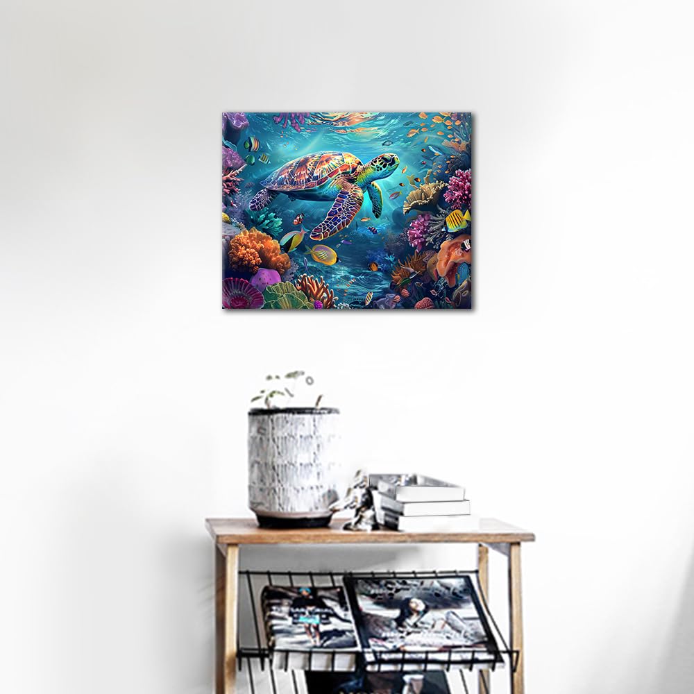 Adults Paint by Numbers Happy Sea Turtle in Vibrant Coral Reef Art Kit with Tropical Fish Ocean Life DIY Canvas Painting for Home Decor Stress Relief 16x20 Inch TUMOVO