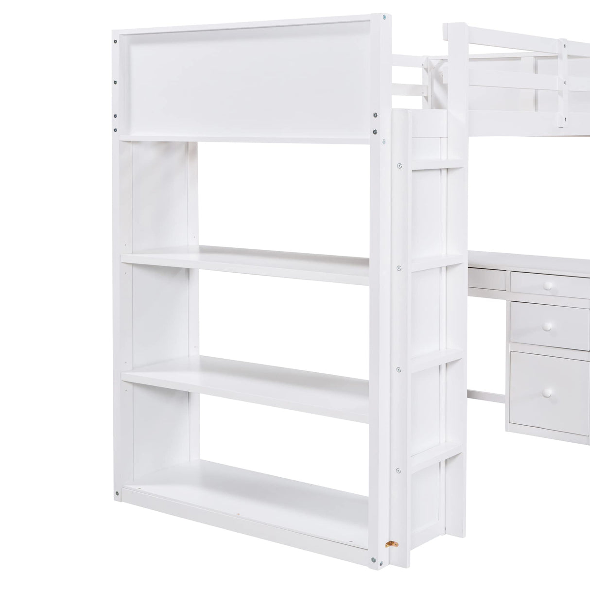 P PURLOVE Twin Loft Bed with Desk, Shelves, and Storage Drawers in White P PURLOVE