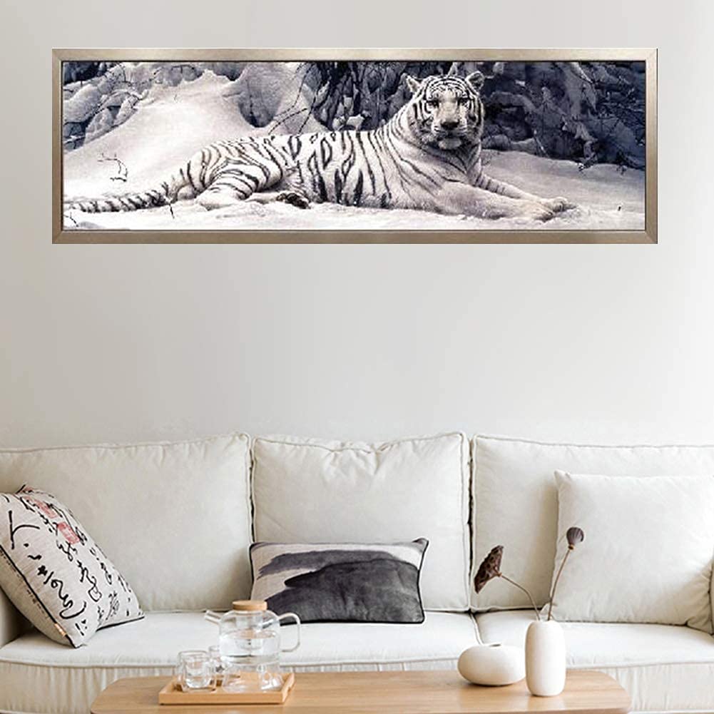 GELANYOUPIN DIY 5D Large Resin Beads Painting by Numbers Kits Crystal Rhinestone Embroidery Paintings Pictures Arts Craft for Home Wall Decor Partial Drill White Tiger Paint (58.7.x14.9inches) GELANYOUPIN
