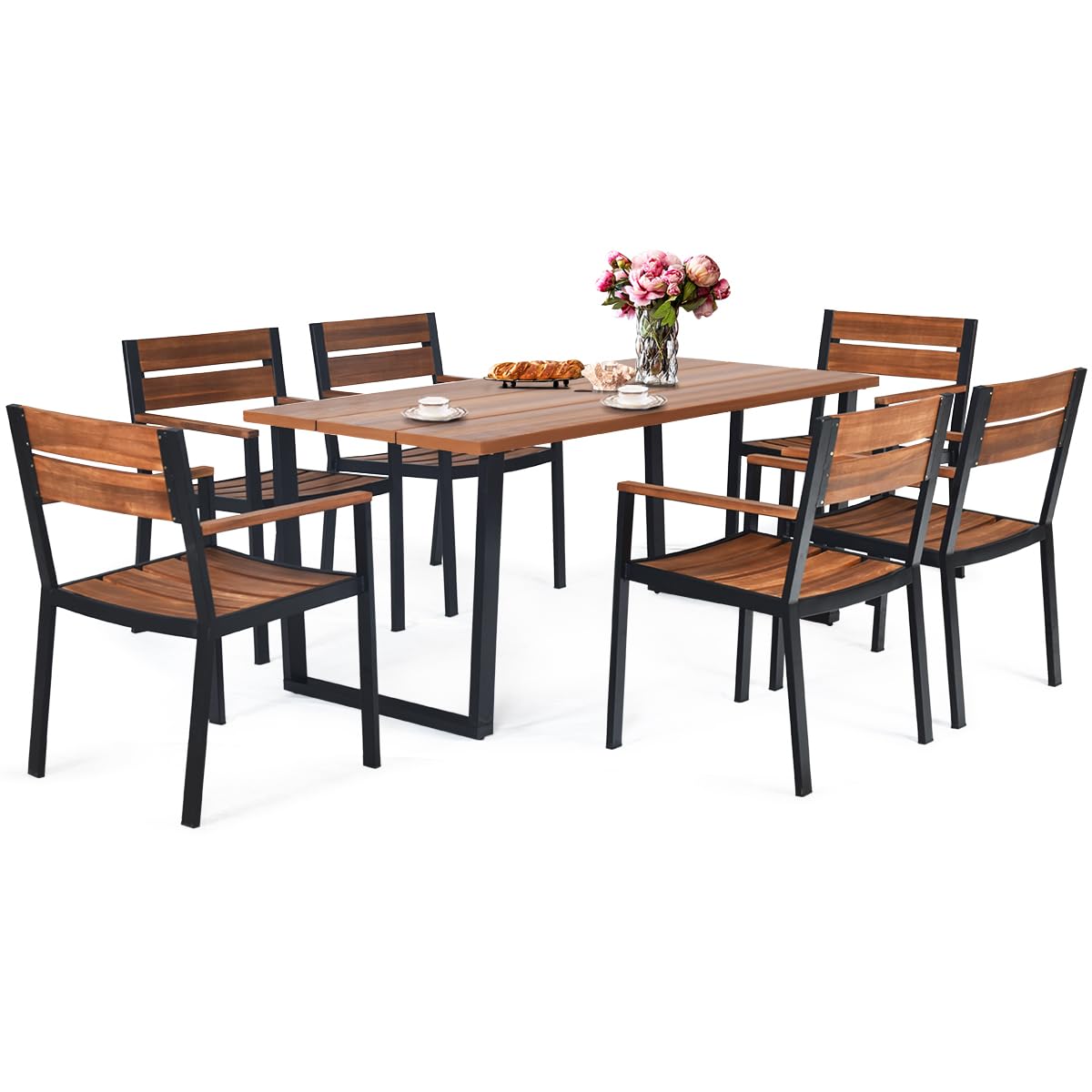 ORALNER 7 Pieces Patio Dining Set, Steel Outdoor Furniture Set w/ 2.16” Umbrella Hole & Acacia Wood Top, 6 x Chairs & Large Rectangle Dining Table for Balcony, Deck, Backyard, Garden, Poolside ORALNER