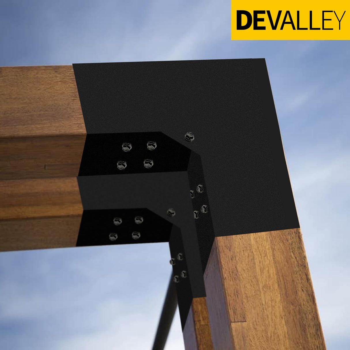 DEVALLEY 2-Way Pergola Brackets Kit, DIY L-Shaped Woodwork Brackets for 4" x 4" (Actual:3.5"x3.5") Lumber for Patio Pergolas, Gazebos, Log Cabin W/Hardware - 1 Pack DEVALLEY