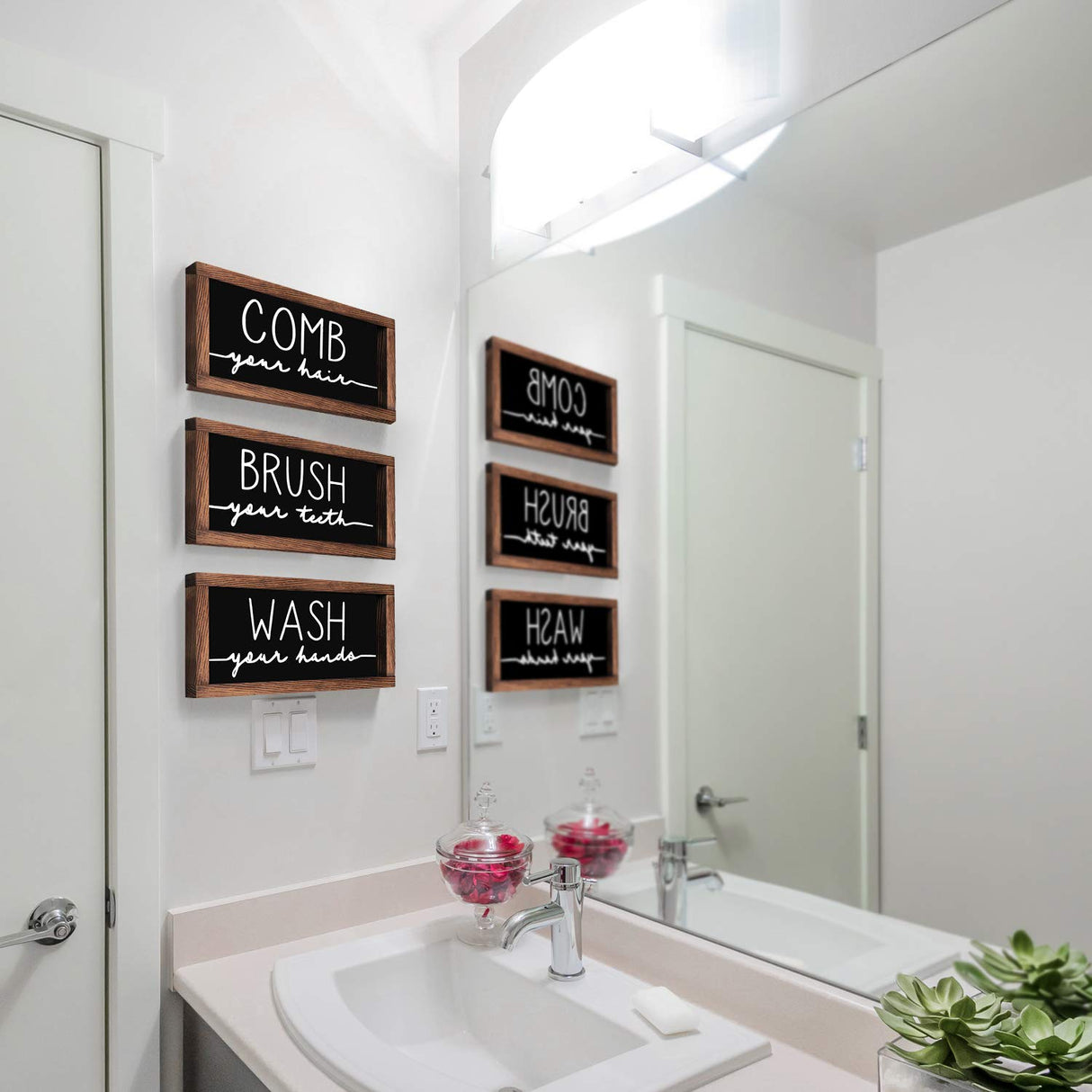 LIBWYS Bathroom Sign & Plaque (Set of 3) Wash Your Hands Brush Your Teeth Comb Your Hair Decorative Rustic Wood Farmhouse Bathroom Wall Decor (Black) LIBWYS