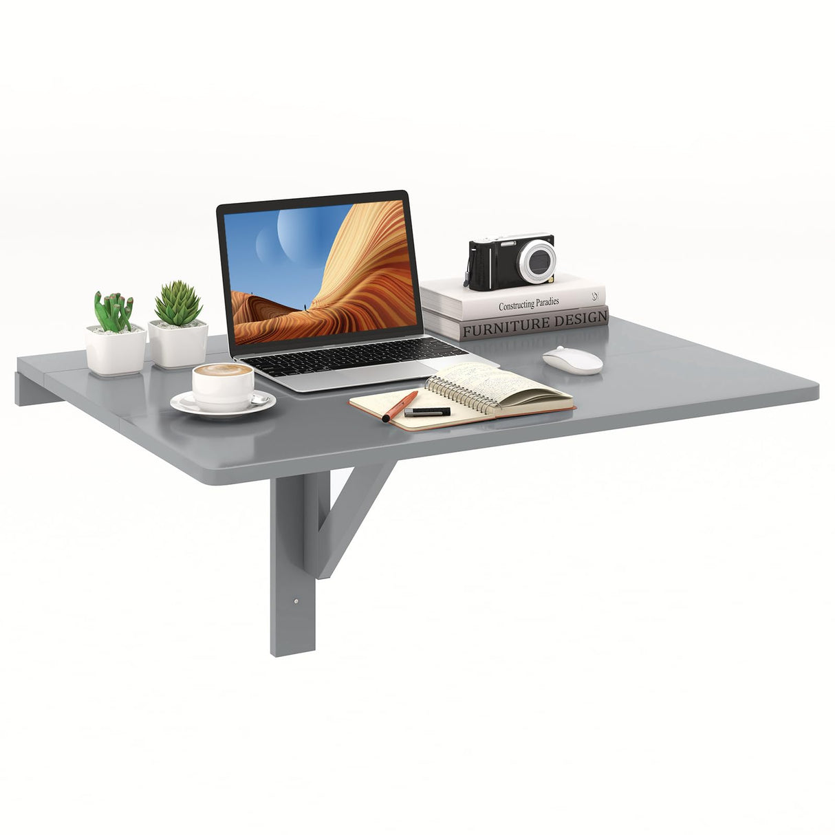 IFANNY Wall Mounted Folding Desk, Fold Down Desk Drop Leaf Table, Laundry Folding Table, Wood Floating Desk for Wall, Foldable Computer Desk Wall Mount, Wall Desks for Small Spaces (Gray) IFANNY