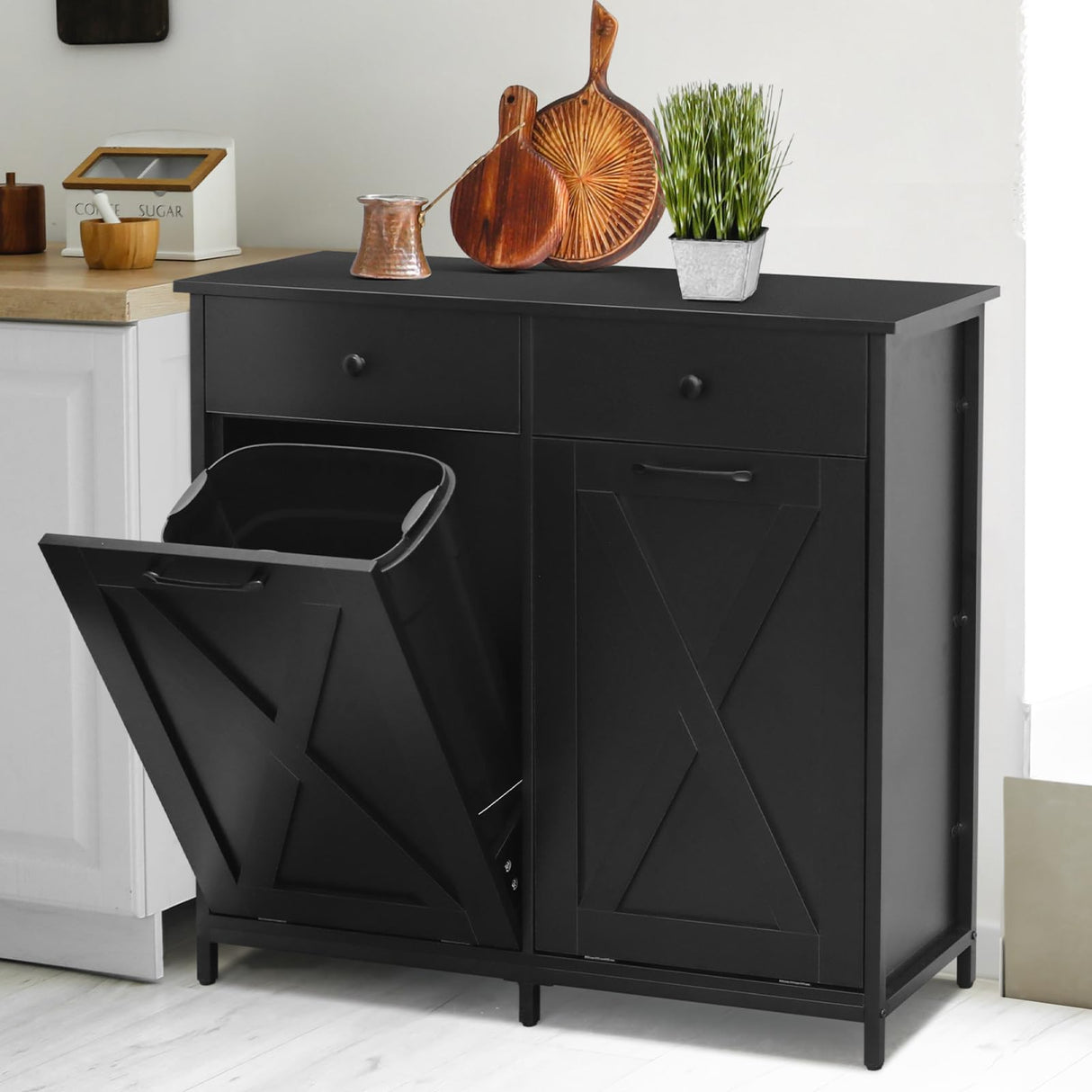 MAMIZO Double Tilt Out Trash Cabinet 10 Gallon*2,Kitchen Garbage Cabinet,Pet-Proof Standing Hidden Dual Laundry Sorter,W/Hideaway Drawer,for Kitchen,Living,Dining Room (Black) MAMIZO
