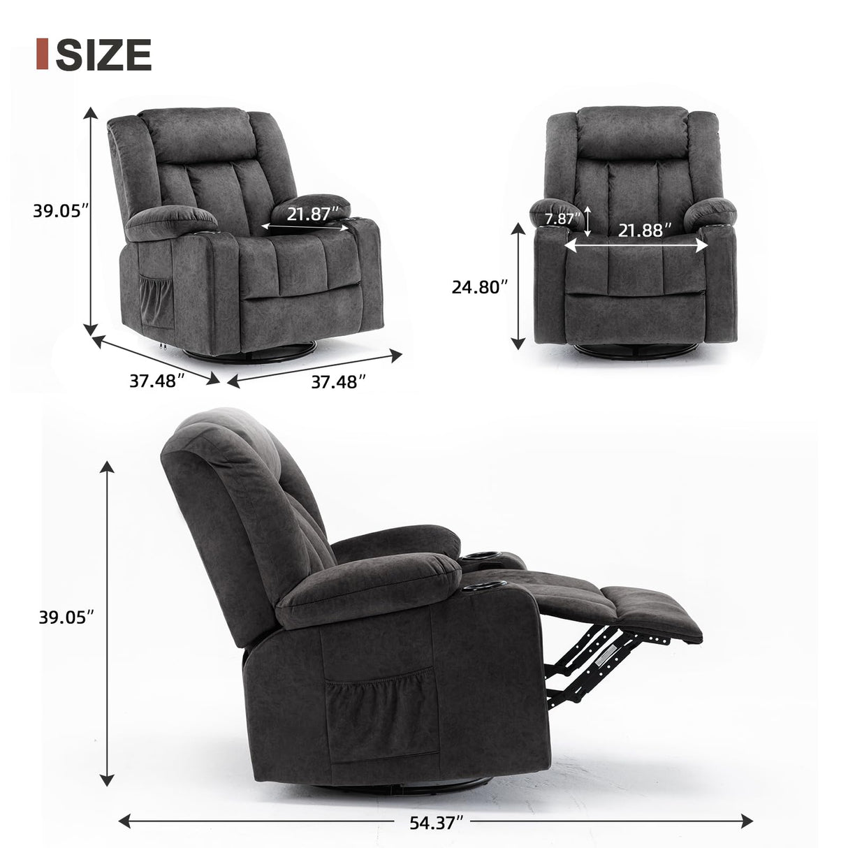 COMHOMA Recliner Chair,360° Swivel Rocker Glider Recliners with Cup Holders, Upholstered Fabric Rocking Chair for Adults,Manual Reclining Single Sofa for Living Room,Gray COMHOMA