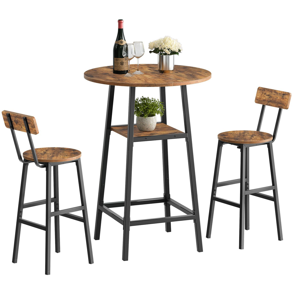 MAHANCRIS Round Bar Table, 37.4" High Pub Top Table with Footrest, 2-Tier Counter Height Cocktail Tables with Storage, Bistro Table for Small Spaces, Easy to Assemble, Rustic Brown BTHR12501N1 MAHANCRIS