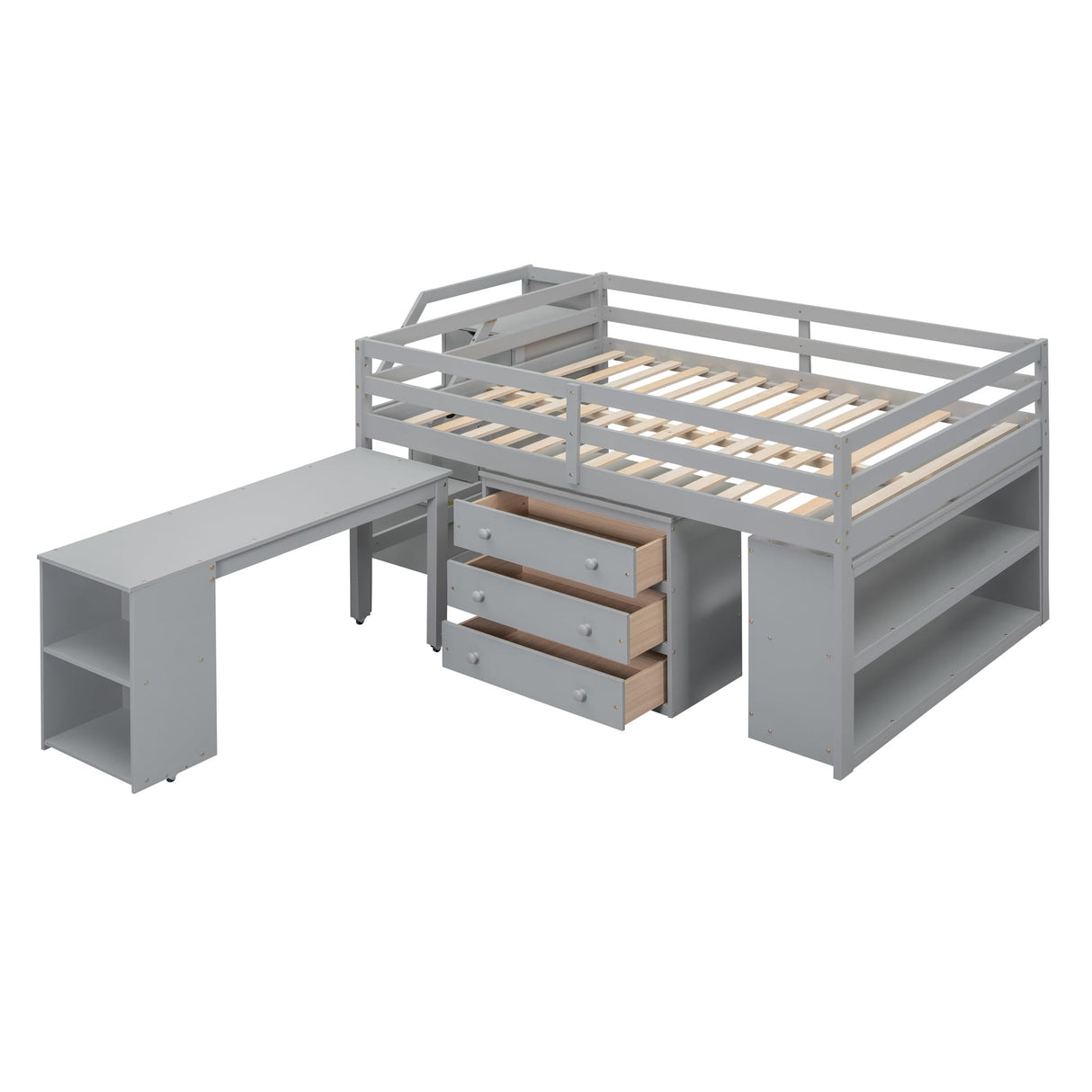 Harper & Bright Designs Grey Full Low Loft Bed with Storage, Stairs, and Rolling Desk Harper & Bright Designs