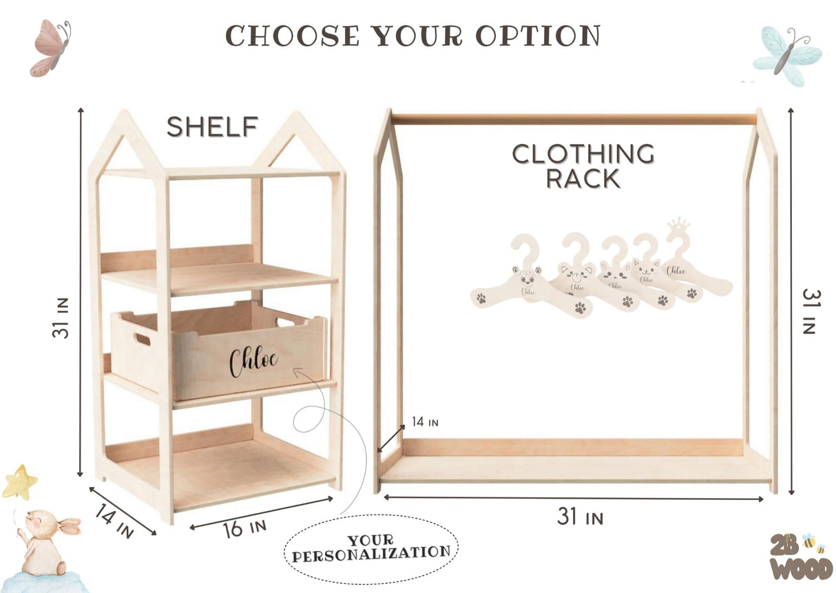 Personalized Small Clothes Rack for Hanging Clothes - Kids Dresser Dress Up Rack For Little Girls Clothing Rack for Kids Boys Toddler - Montessori Shelf Wardrobe Closet For Baby Clothes Kids Furniture 2B WOOD