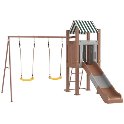 Qaba Kids Swing Set for Backyard, Playground Set with 6 FT Slide, 2 Adjustable Swings, Fort with Canopy, Ladder, Outdoor Playset with Ground Stakes for Ages 3-8, Brown