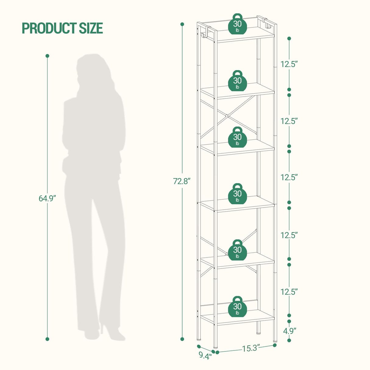 Hzuaneri 6-Tier Rustic Brown Industrial Bookshelf with Hooks for Space-Saving Storage Hzuaneri