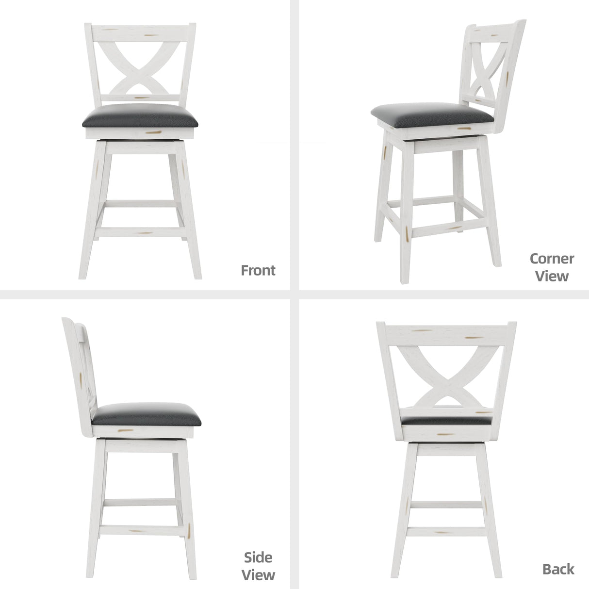 Swivel Bar Stools Set of 2, Swivel Barstools with Solid Footrest & Faux Leather Upholstered Seat, Island Chairs with Back for Kitchen, Dining Room (Antique White) (24-inch) Buytime