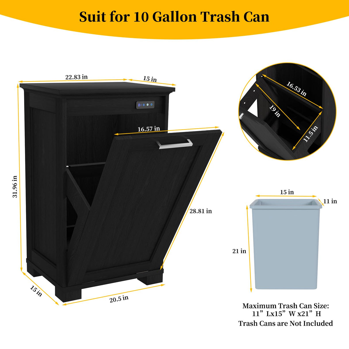 Ymise Tilt Out Trash Can Cabinet, 10 Gallons Trash Cabinet with Deodorising Function, Wooden Freestanding Garbage Can Cabinet for Home and Kitchen Hidden Laundry Hamper Cabinet, Black Ymise