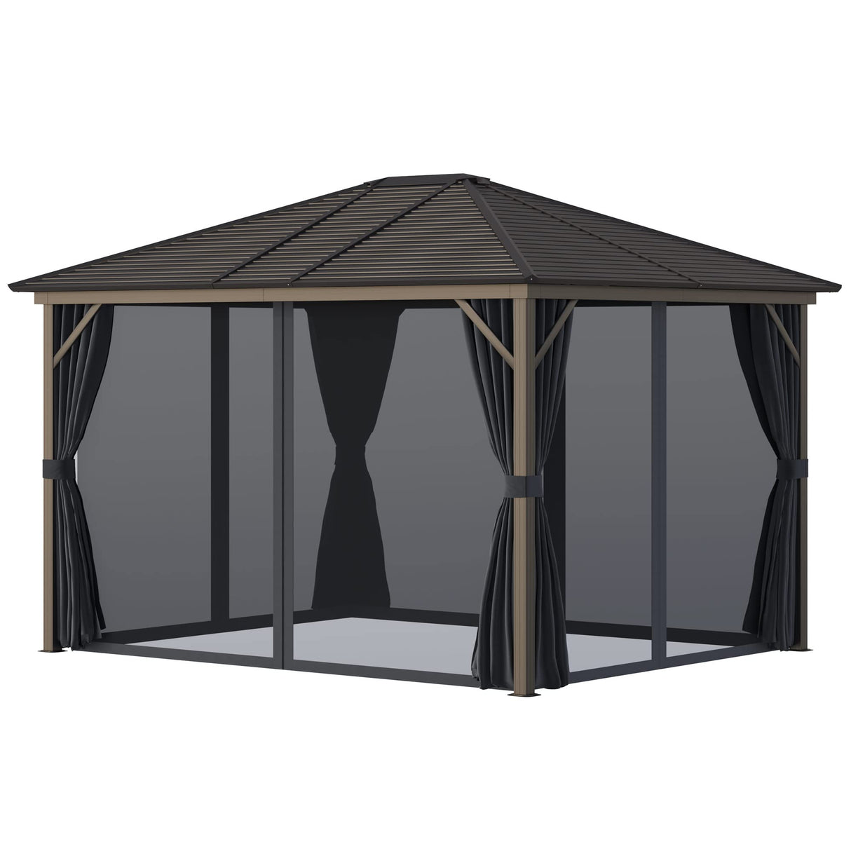 Outsunny 10' x 12' Hardtop Gazebo with Curtains and Netting, Permanent Pavilion Metal Single Roof Gazebo Canopy with Aluminum Frame and Hooks, for Garden, Patio, Backyard, Dark Gray Outsunny