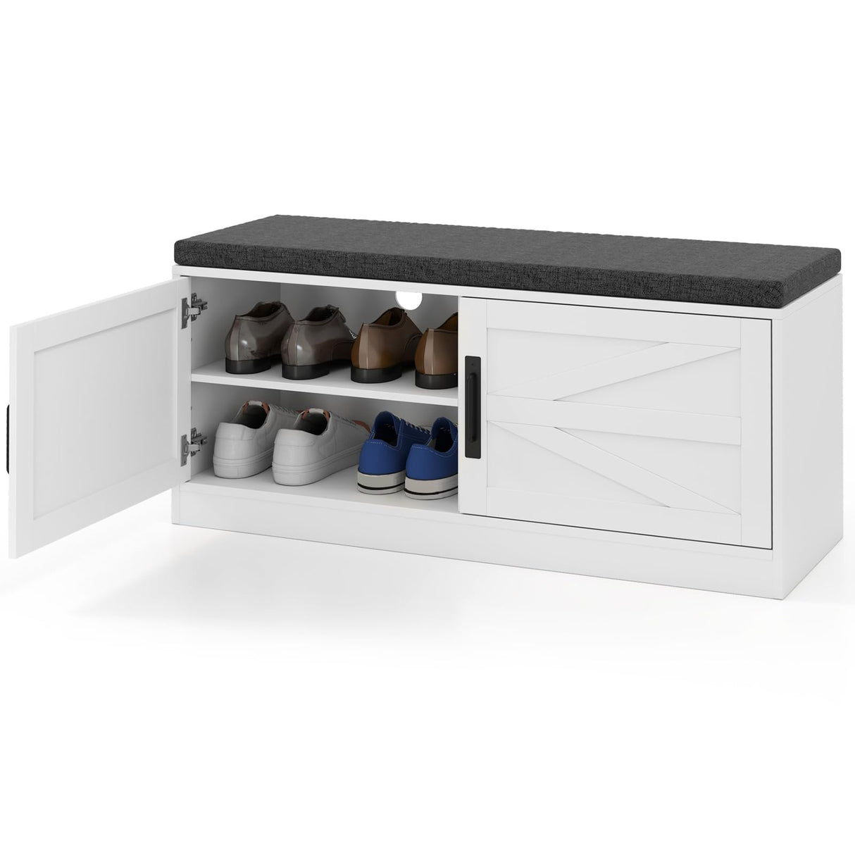 Giantex Shoe Storage Bench with Cushion, 2-Tier Entryway Bench w/2 Barn Doors & 2 Adjustable Shelves, Farmhouse Shoe Storage Cabinet for Entryway, Living Room, Hallway, Bedroom, White Giantex