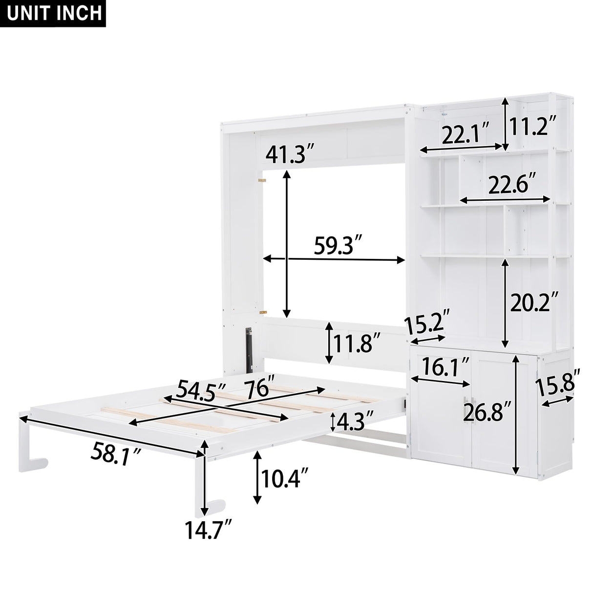 Merax Full Size Murphy Bed, White Wood Wall Bed Cabinet with Multiple Storage Shelves and a Cabinet Merax
