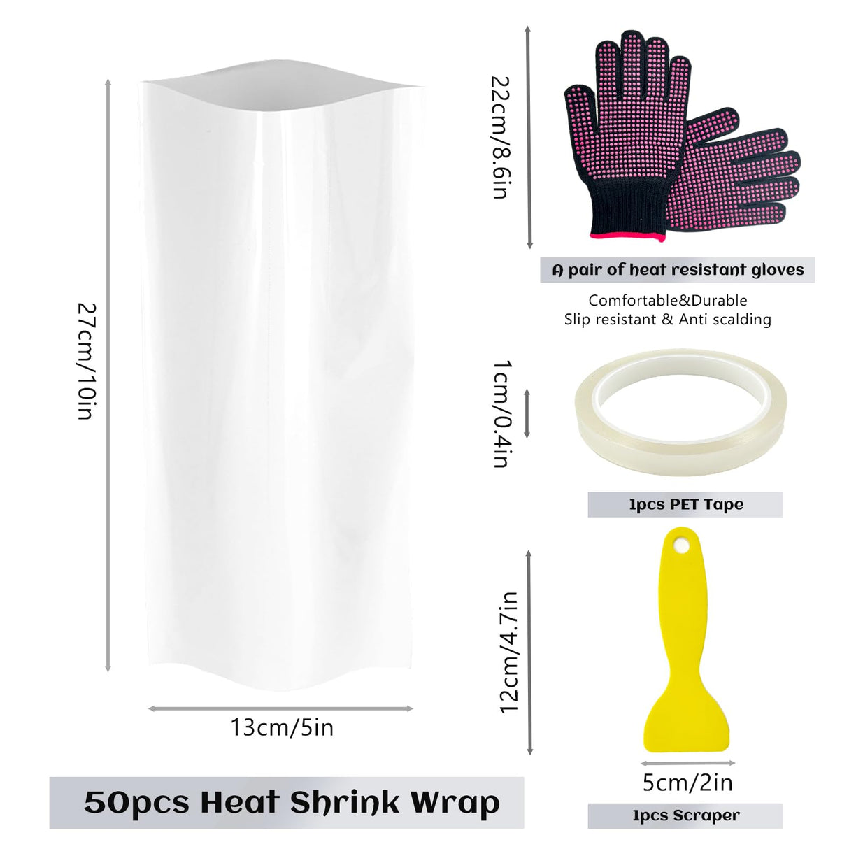 Daily Treasures 5×10"Sublimation Shrink Wrap Sleeve Set(50pcs),Heat Shrink Wrap with PET Tape&Scraper&Heat Resistant Gloves,Heat Shrink Film,Sublimation Wraps For 20oz Tumblers Mugs Cups Jars Cosmetic Daily Treasures