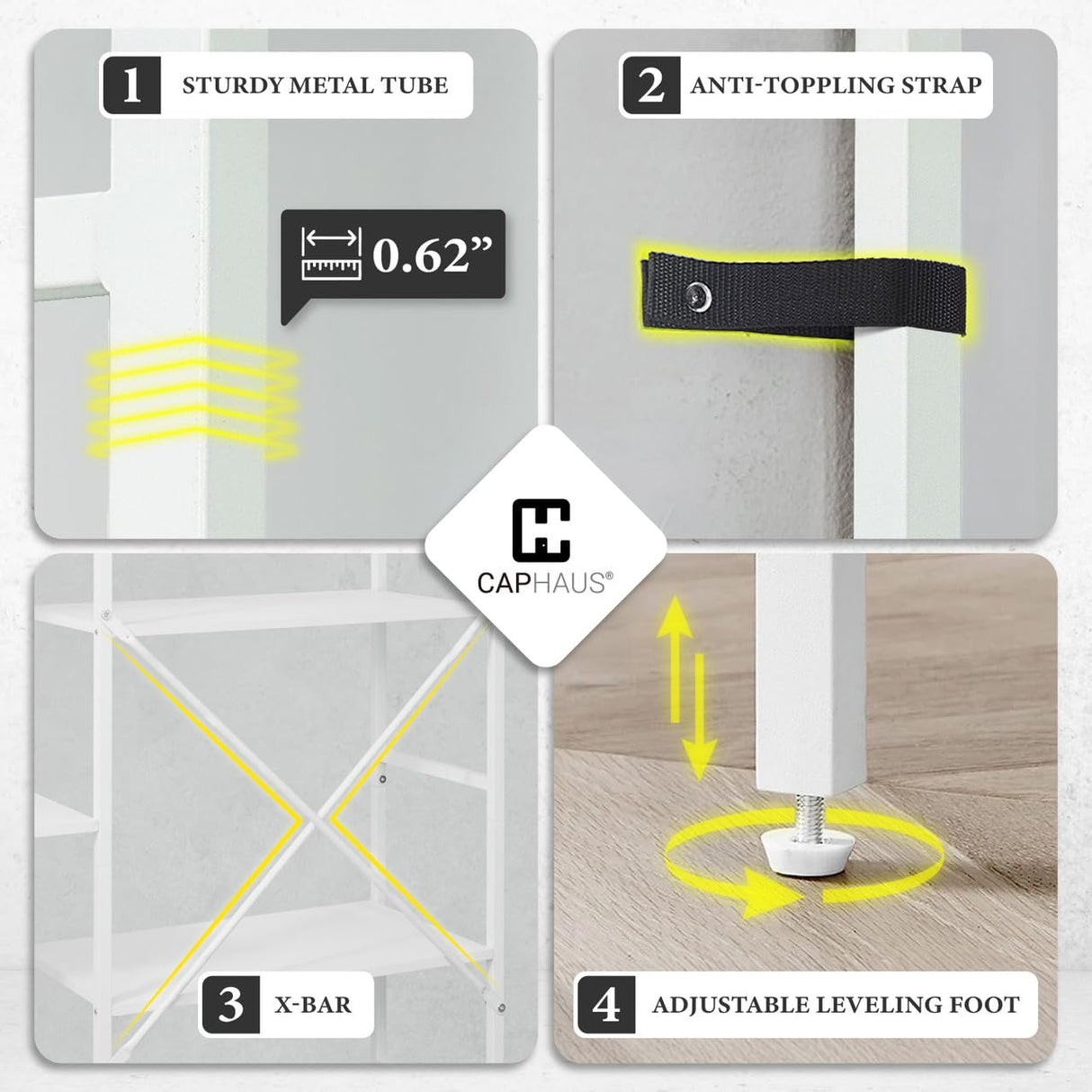 CAPHAUS Triple Column 4 Tier Bookshelf, Industrial Triple Bookcase with 11 Open Display Shelves, Adjustable Wide Shelf for Living Room, Bedroom, Home and Office, White CAPHAUS