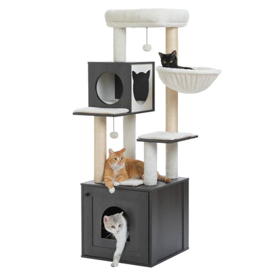 PEQULTI 57.5" Cat Tree with Litter Box Enclosure Large, Wood Cat Tower for Indoor Cats with Storage Cabinet and Cozy Cat Condo, Sisal Covered Scratching Post and Repalcable Dangling Balls, Black