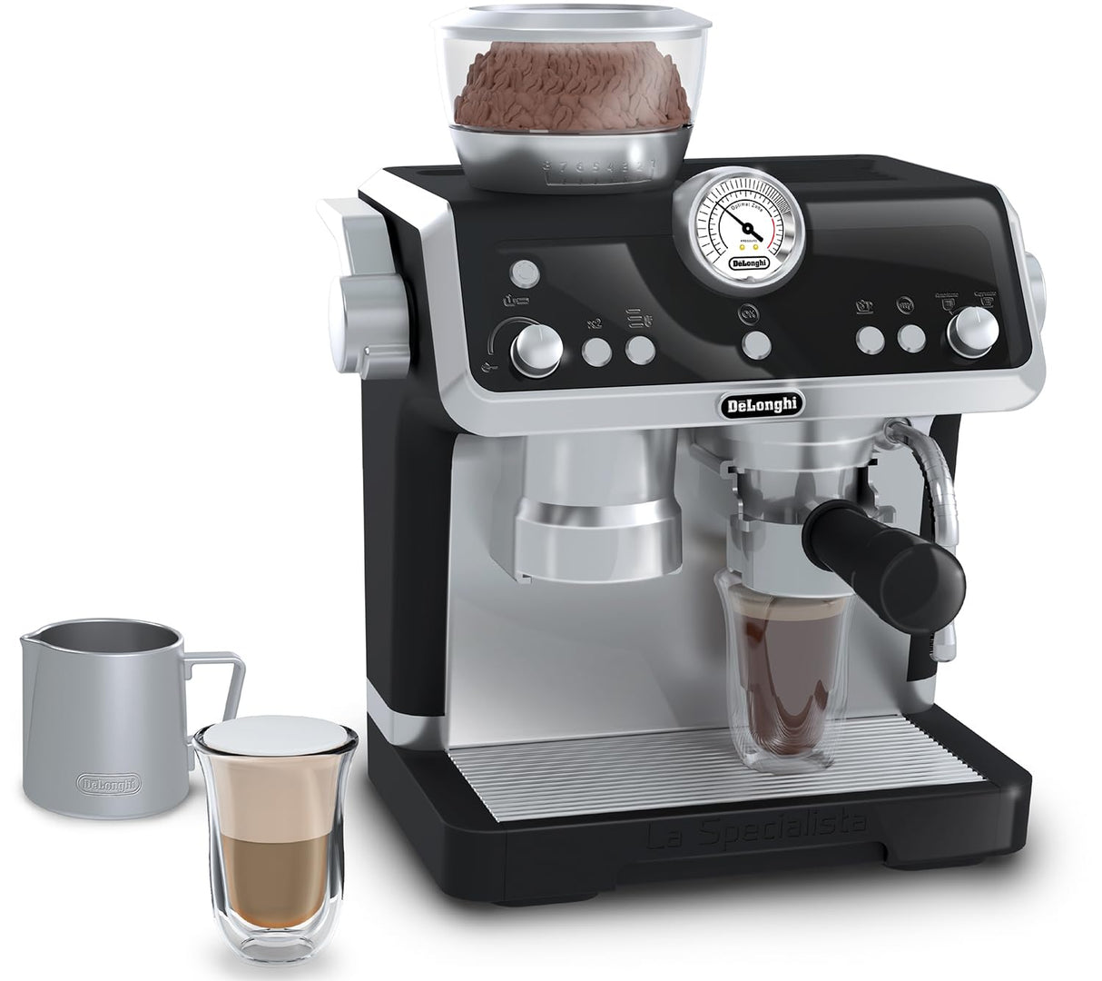 Casdon De'Longhi Toys Barista Coffee Machine. Toy Kitchen Playset for Kids with Moving Parts, Realistic Sounds and Magic Coffee Reveal. For Children Aged 3+, Silver, Black Casdon