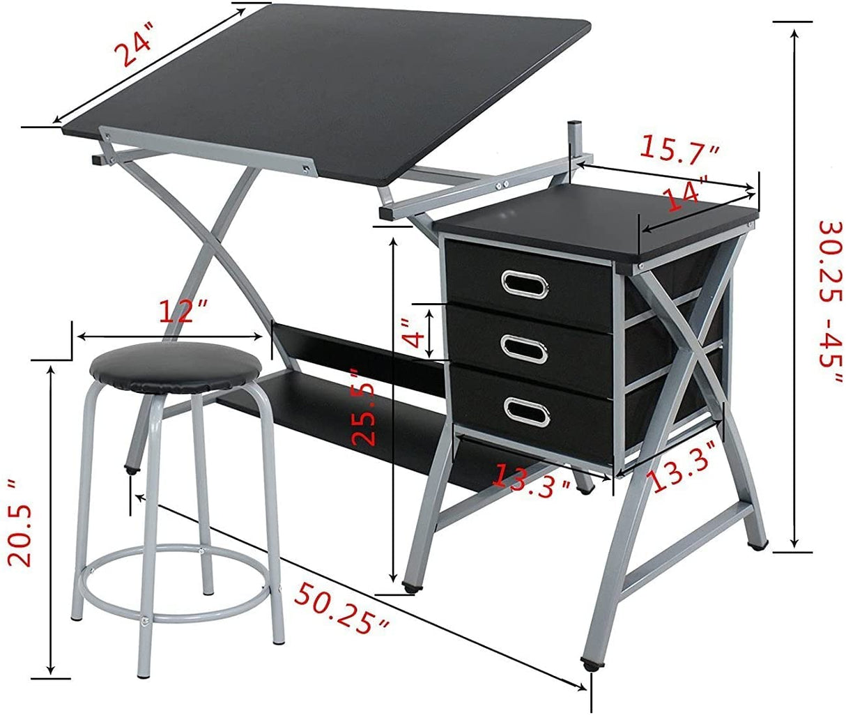 JupiterForce Drafting Table with Tiltable Tabletop and Stool, 3 Storage Drawers, Art Desks for Adults, Painters, Work Station, Home Office, Black JupiterForce