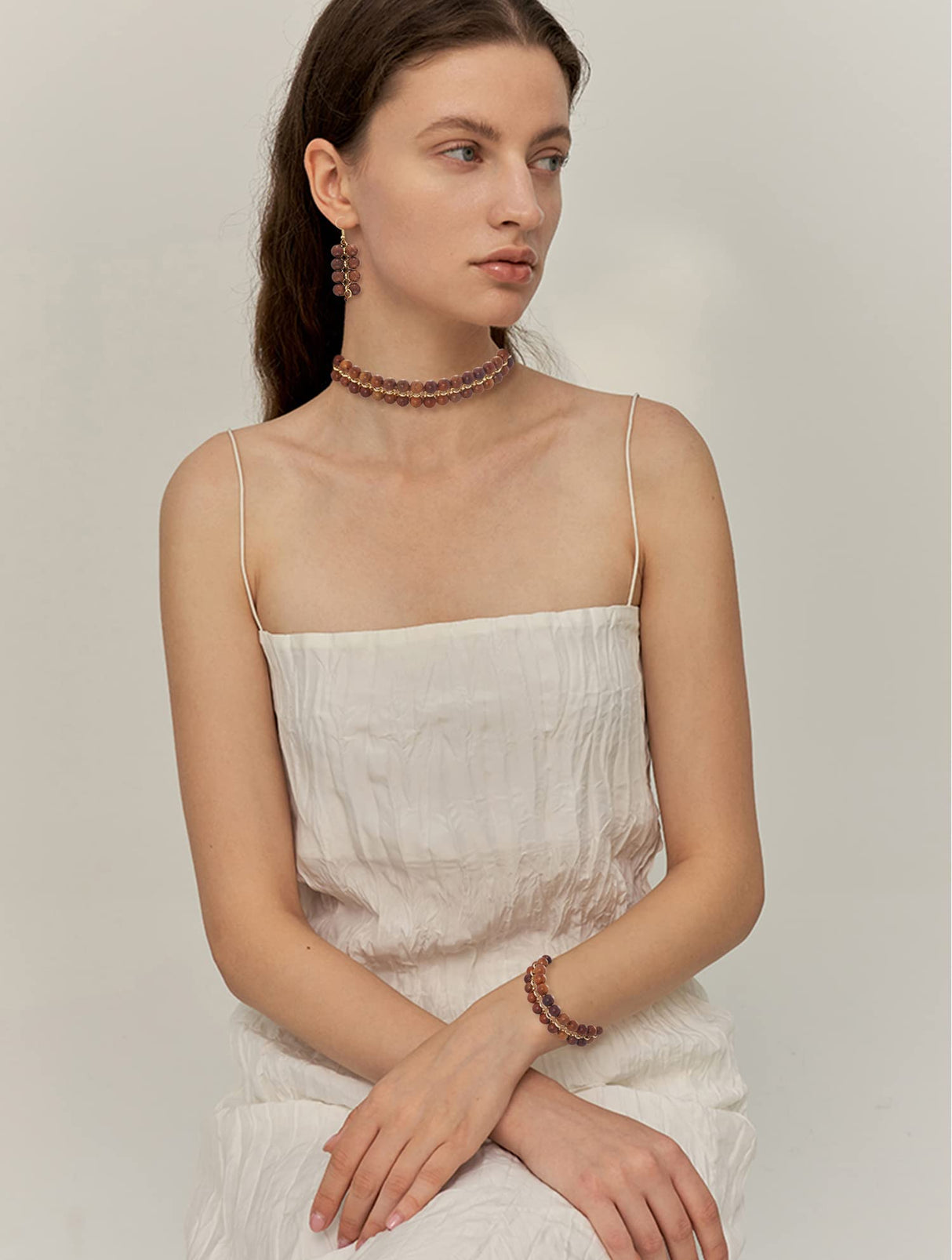 Firstmeet Wood Beads Layer Statement Necklace Choker Bracelet Earrings Vintage Jewelry Set for Women Girls (XL-1203-Wood Set) Firstmeet