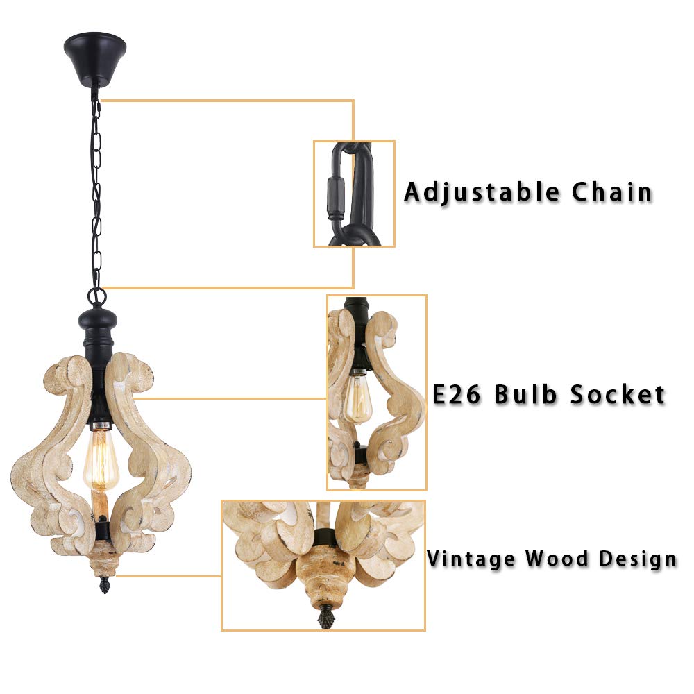 PUUPA Kitchen Light Fixtures,Farmhouse Pendant Light Single Adjustable Rustic Wooden Hanging Island Chandelier PUUPA