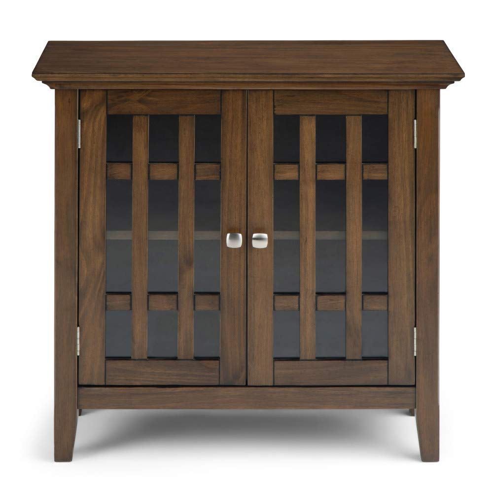SIMPLIHOME Bedford SOLID WOOD 32 inch Wide Transitional Low Storage Media Cabinet in Rustic Natural Aged Brown, with 2 Tempered Glass Doors, 2 SIMPLIHOME