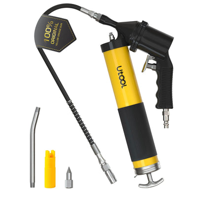 UTOOL Pneumatic Grease Gun, 6000 PSI Air Operated Grease Gun Kit, 14 oz Load, 18 Inch Resin Flex Hose, 1 Extension Bend Pipe, 1 Sharp Type Nozzle, 1 Basic Coupler, 1 Zerk Cleaner