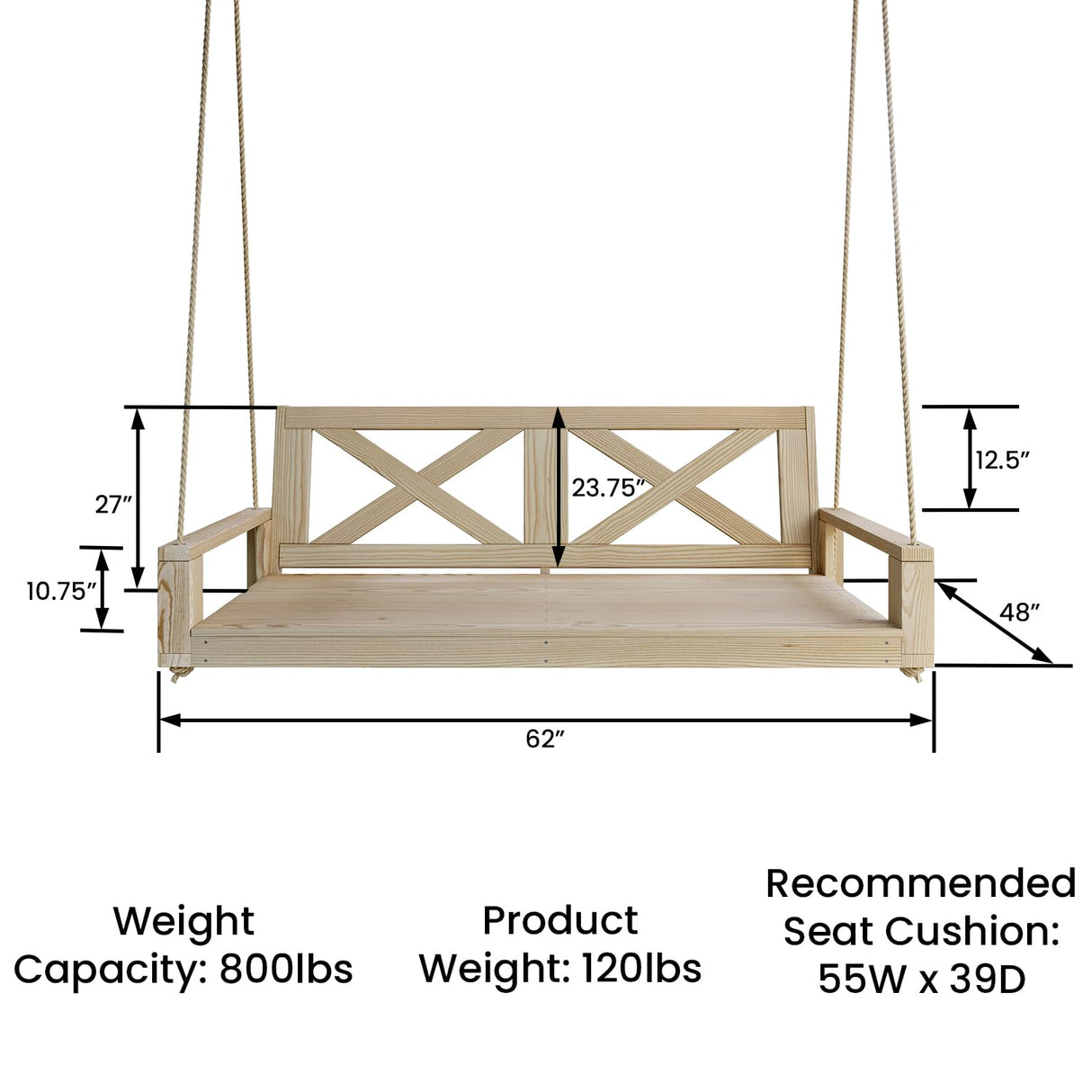 Malvern 5 Foot Wood Porch Swing Bed in Unfinished, Amish Handcrafted Daybed Style Swing Amish Casual