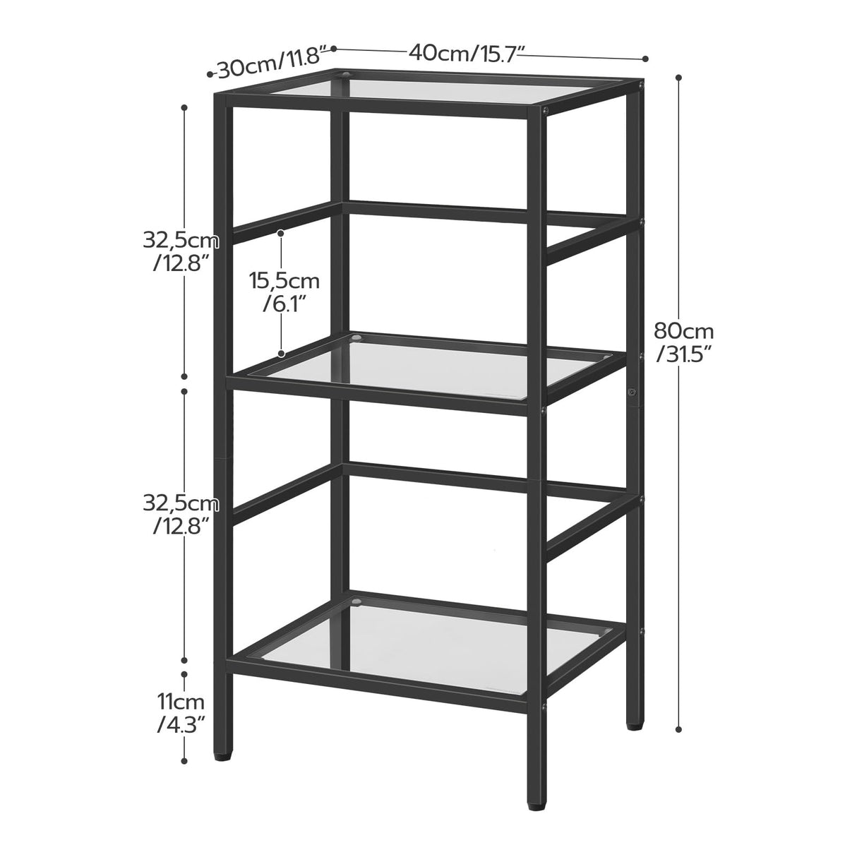 HOOBRO 3-Tier Bookcase, Tempered Glass Bookshelves, Record Storage Rack with Side Fence, Storage Shelves for Bathroom, Slim Shelving Unit for Living Room, Home Office, Black BK81CJ01 HOOBRO