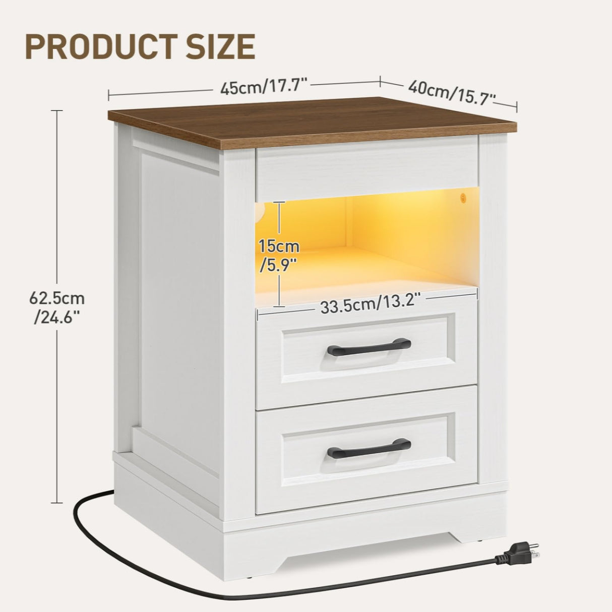 RALGEND Farmhouse Nightstand with Gun Drawer, Bedside Table with Charging Station and LED Light, Night Stand with 3 Drawers, End Table for Bedroom, Living Room, White and Walnut RALGEND