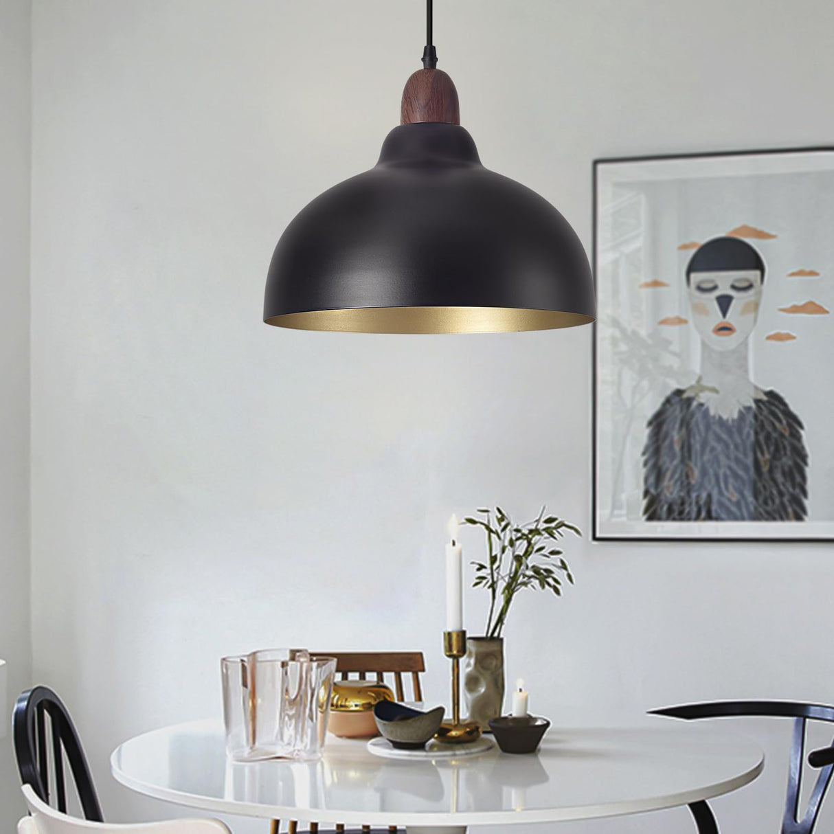 Set of 2 Pcs 11.8" Black Dome Pendant Light, Farmhouse Modern Black and Wood Hanging Pendant Lights Kitchen Island, Vintage Pendant Light Large Dome Chandelier for Kitchen Island, Dining Room Ziqqeelam