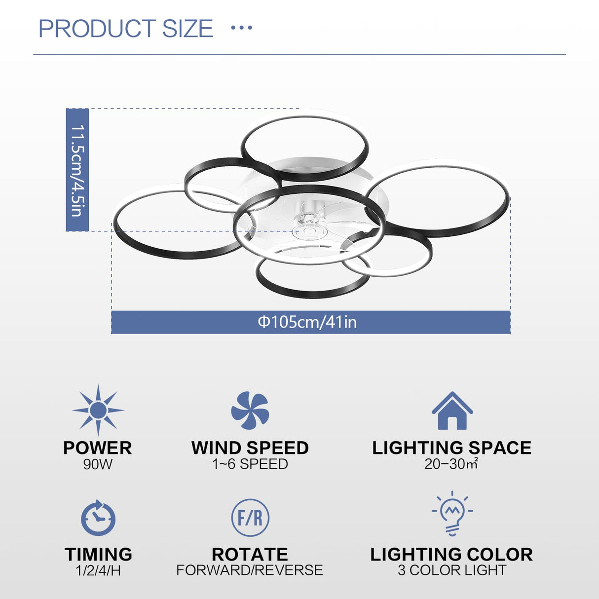 SNOWUNDER 41" Modern Ceiling Fan with Light, Flush Mount Celing Fan with Led Light and Remote Control for Living Room,Tri-Color Light 6-Speed Wind SNOWUNDER