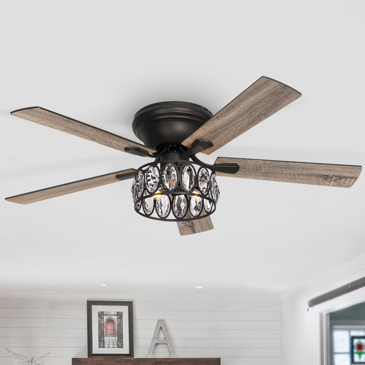 52 inch Flush Mount Black Ceiling Fans with Light Remote Control, 5 Reversible Blade Farmhouse Low Profile Ceiling Fan with Crystal Lighting Chandelier for Bedroom Breezary