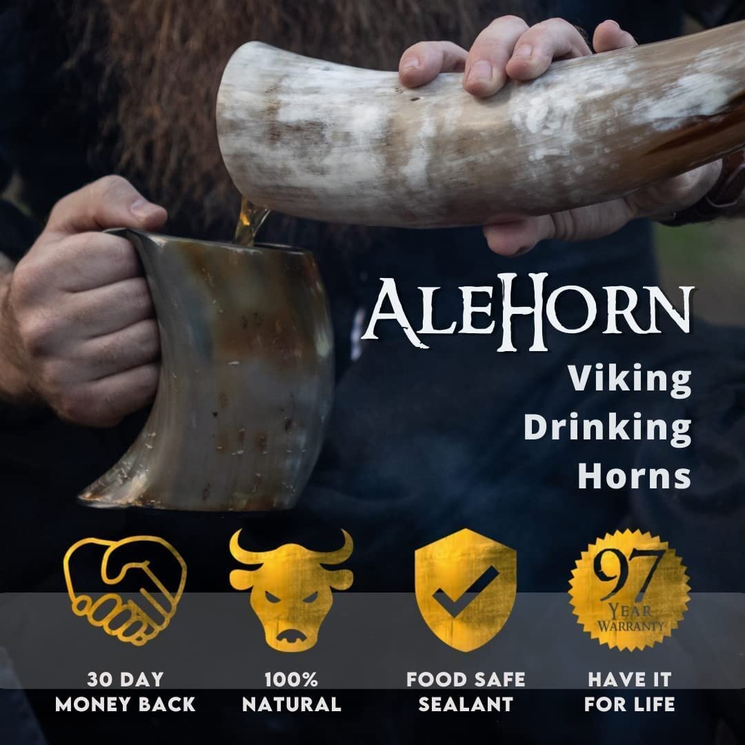 AleHorn Original Handcrafted Authentic Viking Drinking Horn Tankard for Beer Mead Ale - Genuine Medieval Inspired Stein Mug Food Safe Vessel with Handle (24oz) AleHorn