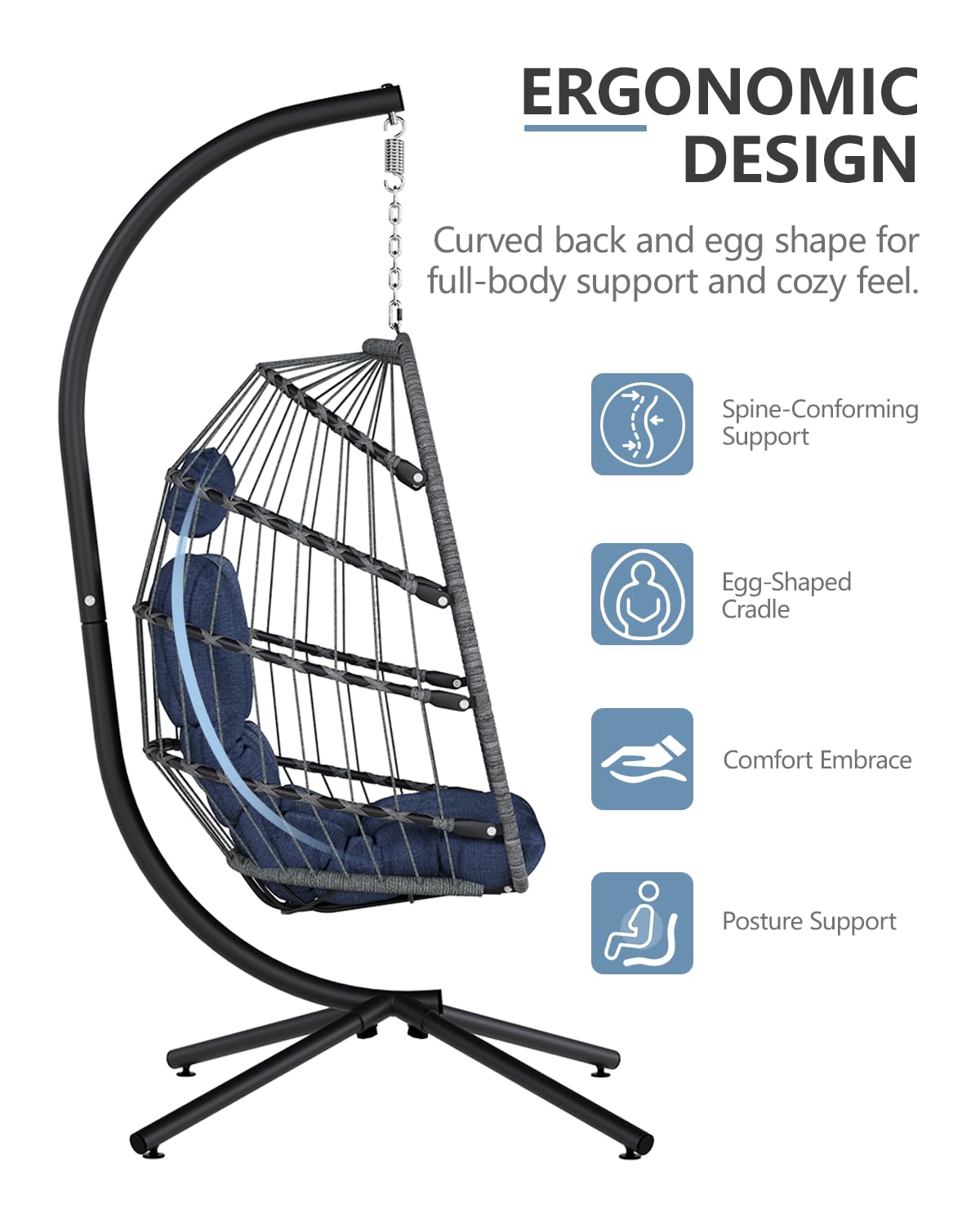 SWITTE Egg Chair Outdoor with Stand, Indoor Wicker Hanging Egg Swing Chair with Cushion, 350lbs Capacity for Patio, Bedroom, Garden - Dark Blue SWITTE