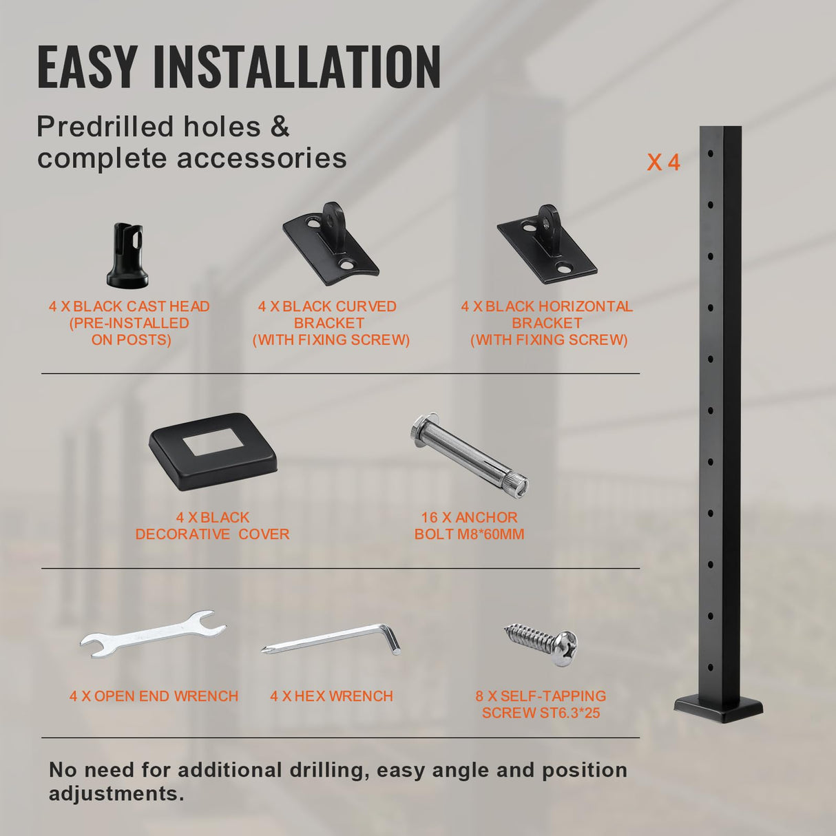 VEVOR 4-Pack Cable Railing Post, 36" x 1" x 2" Steel Horizontal Hole Deck Railing Post, 11 Pre-Drilled Holes, SUS304 Stainless Steel Cable Rail Post with Horizontal and Curved 4JZLGZHS9142C2KYMV0 VEVOR