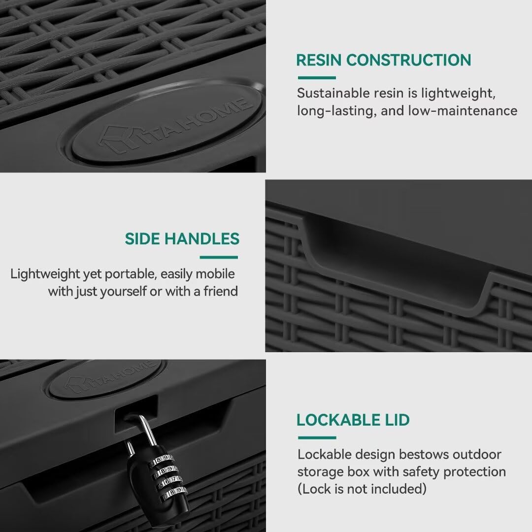 YITAHOME 32 Gallon Rattan Deck Box, Indoor Outdoor Storage Box for Patio Furniture, Pool Accessories, Cushions, Garden Tools, Sports Equipment, Waterproof Resin with Lockable Lid & Side Handles, Black YITAHOME