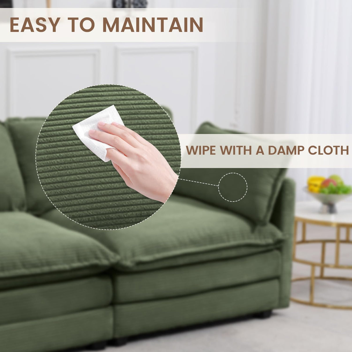 ROWHY Sectional 2 Seat Cloud Loveseat with 2 Throw Pillows, Modern Corduroy Love Seat Sleeper Bed, Convertible Cozy Sofa for Living Room and Office, Green ROWHY