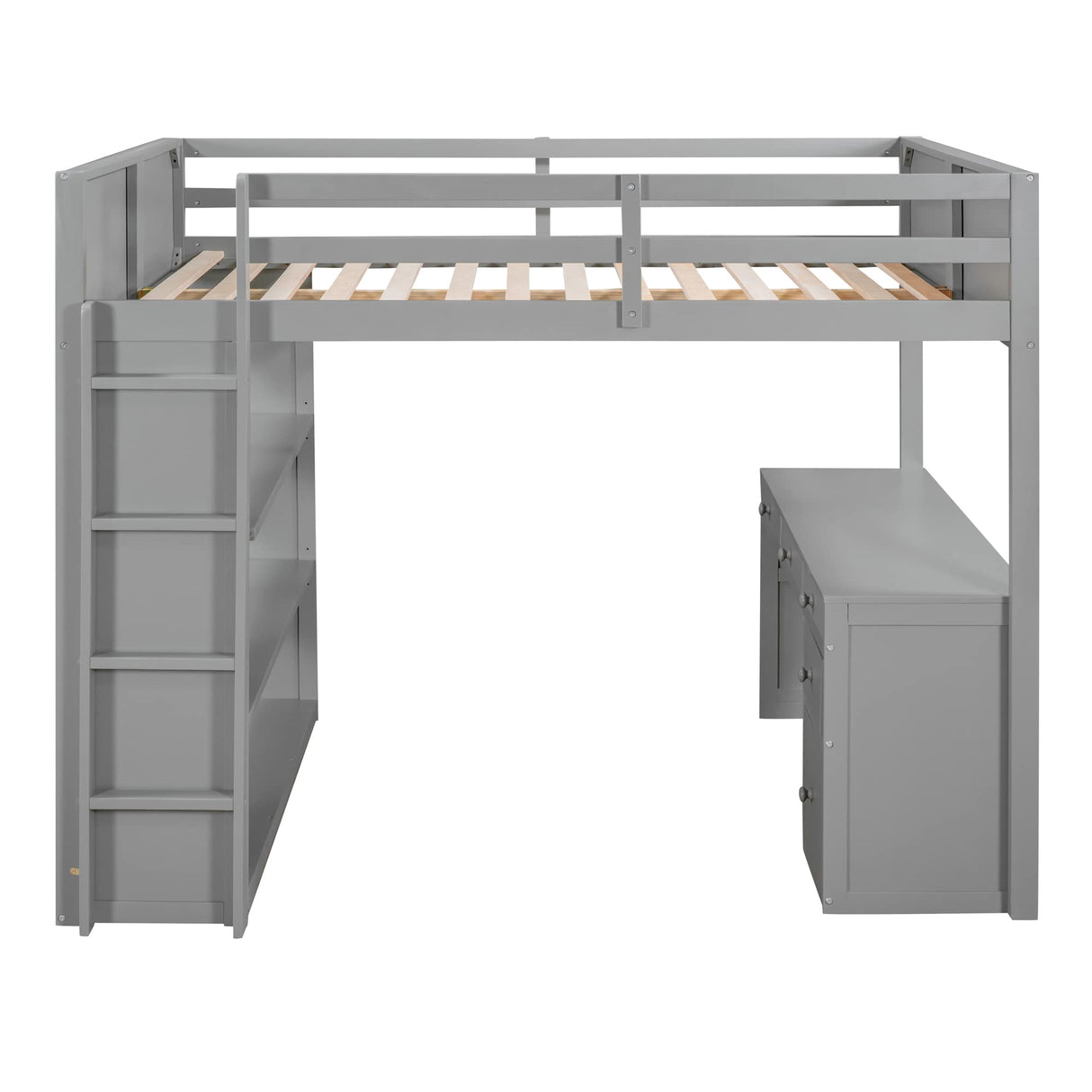 High Loft Bed, Full Bed Frame with Ladder, Shelves and Desk, No Box Spring Needed, Gray Merax