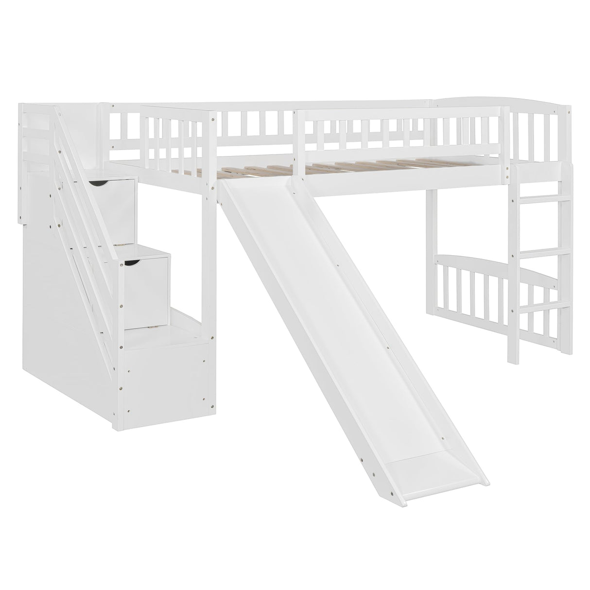 Twin Size Loft Bed Frame with Slide and Stairs for Kids,Twin Size Low Loft Bed with Slide and Drawers,Wood Kids Loft Bed Frame for Boys Girls Teens,White Bellemave