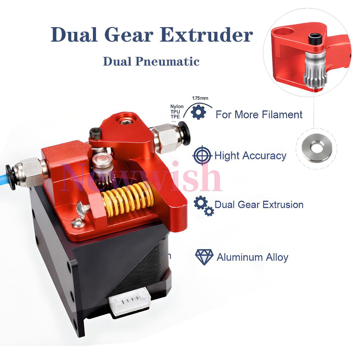 Newwish Ender 3 Dual Gear Extruder,Dual Drive Metal Extruder for Ender 3 V2/Pro/Ender 5/Plus/Ender 3 Neo/Max Neo/CR-6 SE/CR-10/10S/10S Pro 3D Printer Extruder.(Motor Shaft>20mm) Newwish