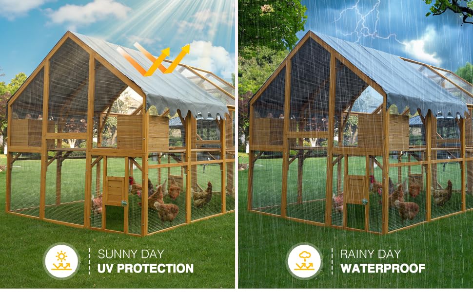Large Wooden Chicken Coop Run with Waterproof Cover - Heavy-Duty Predator-Proof Poultry House for 10-12 Chickens, Ducks, Rabbits | 110" L x 75.2" W x 72.54" H Playpen | Easy Assembly 110-Inch Sun koery