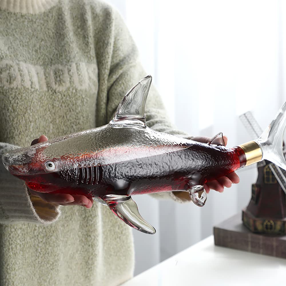 NF Whiskey Decanter Set with 4 Glasses & Wood Stand,1000ml Shark Decanter Glass Liquor Decanter For Whiskey, Scotch, Bourbon Vodka,Gift For Wine Lovers, M NF