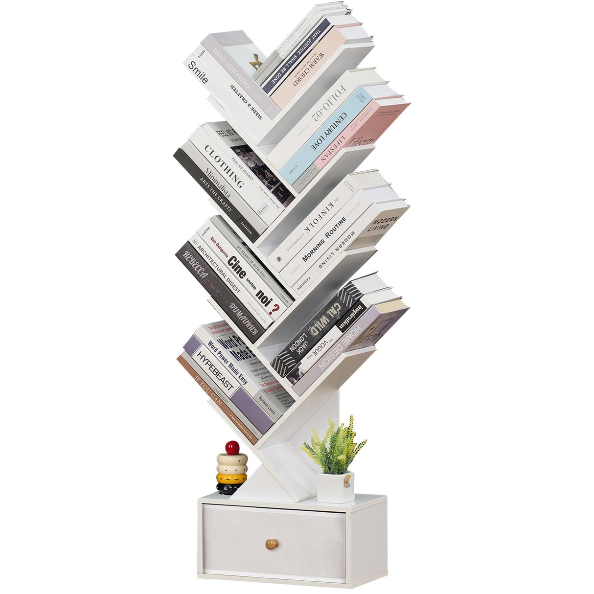 SHEEPAM 8 Tier Tree Bookshelf with Drawer, Free Standing Wood Bookcase for Living Room, Bedroom, Home Office, Space Saving Storage Organizer Bookshelves for Books, CDs, Vinyl Records- White SHEEPAM