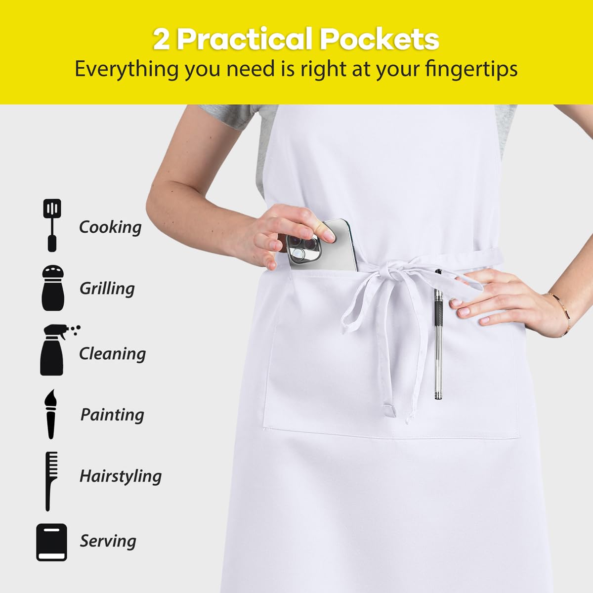 ROTANET Extra Large Aprons for Men Adjustable Bib Aprons with 2 Pockets Cooking Kitchen Bbq Grilling Big Apron for Women Chef Water & Oil Resistant White ROTANET