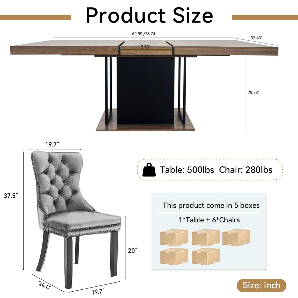 Henf 63"-79" Dining Table Set for 6, 7 Pieces Extendable Dining Table and 6 Grey Tufted Chairs Set for 6, Modern Large Expandable Dining Room Table with Rectangle Wood Top & Black Sturdy Base Henf