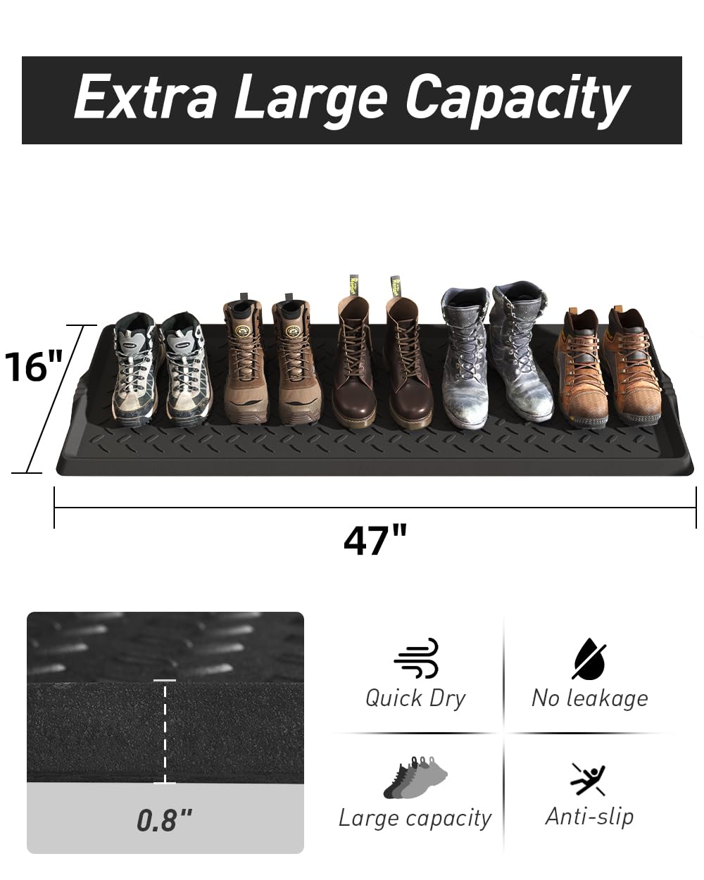 SUPENUIN Extra Large Boot Tray 48 Inch Boot Storage Heavy Duty Rubber Mats for Floor Waterproof Boot Mat Tray for Entryway Multi Use Shoe Rug 16x47.5 Inches SUPENUIN