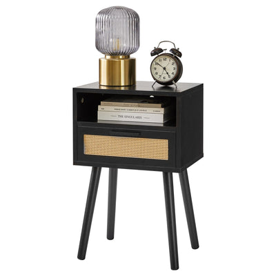 IBUYKE Rattan Nightstand, Boho Side Table with Drawer Open Shelf, Wood Accent Bedside Table, End Table with Legs for Bedroom, Living Room and Small Spaces, Black UWNS009B