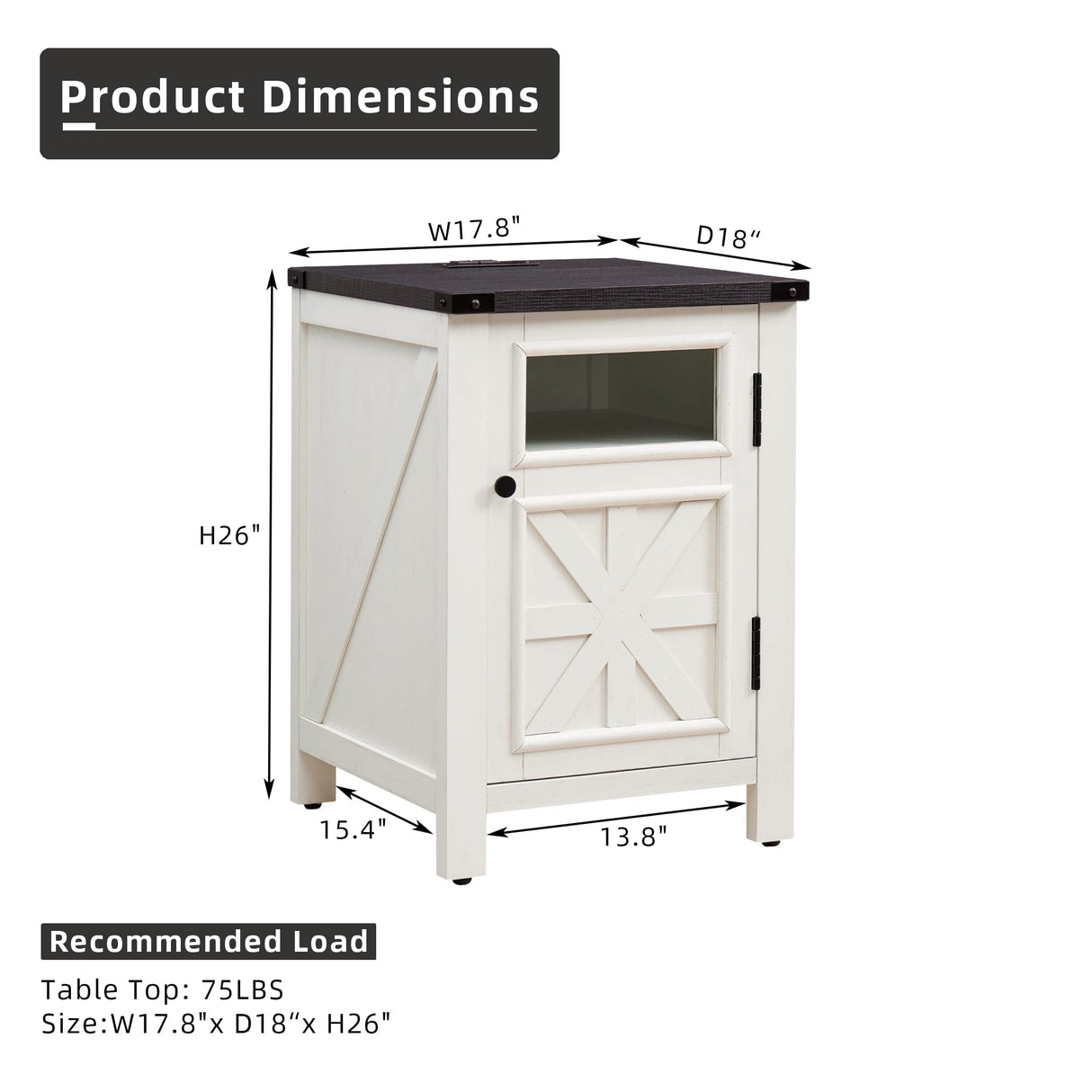 JXQTLINGMU Farmhouse End Table with Charging Station, 18'' Rustic Nightstand with Barn Door & Adjustable Shelf, Wooden Sofa Side Table with 3-Tier Storage for Living Room, Bedroom, White JXQTLINGMU